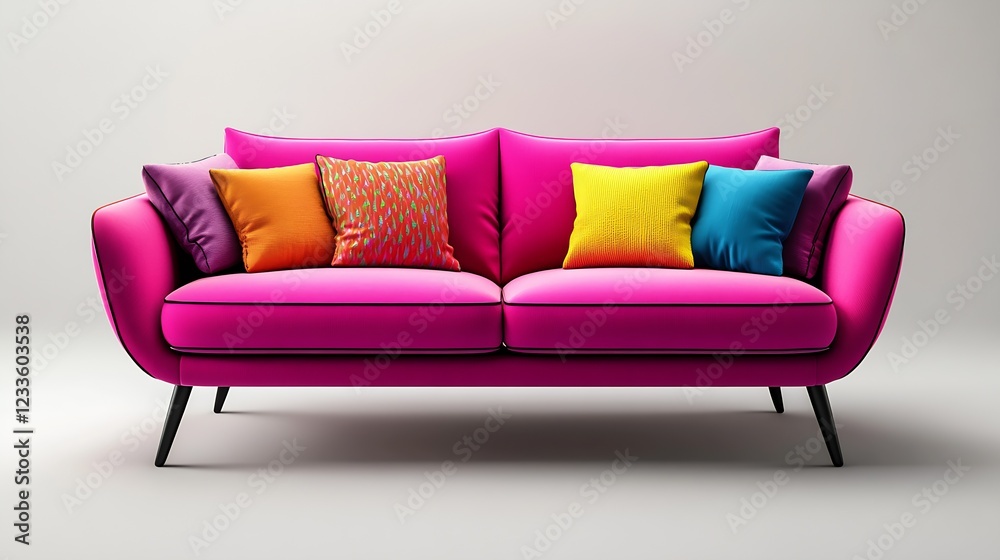 Poster trendy pink sofa with assorted cushions for a lively and colorful living room setup : generative ai