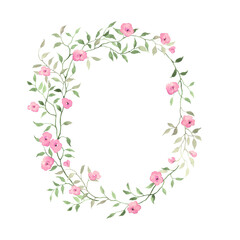Watercolor frame of delicate branches with green leaves and pink flowers, isolated wreath for invitation or greeting cards, cover or floral background, hand painting decorative composition.