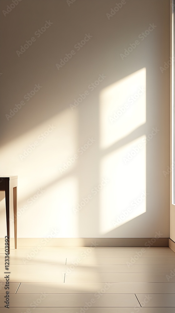Poster morning sunlight creating soft shadows on wooden floor with minimalistic furniture : generative ai
