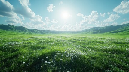 Serene Meadow Landscape: Sunlit Grassland with Rolling Hills and White Flowers