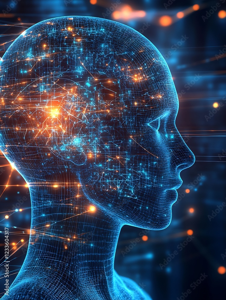 Poster futuristic digital portrait of human head with complex neural connections : generative ai