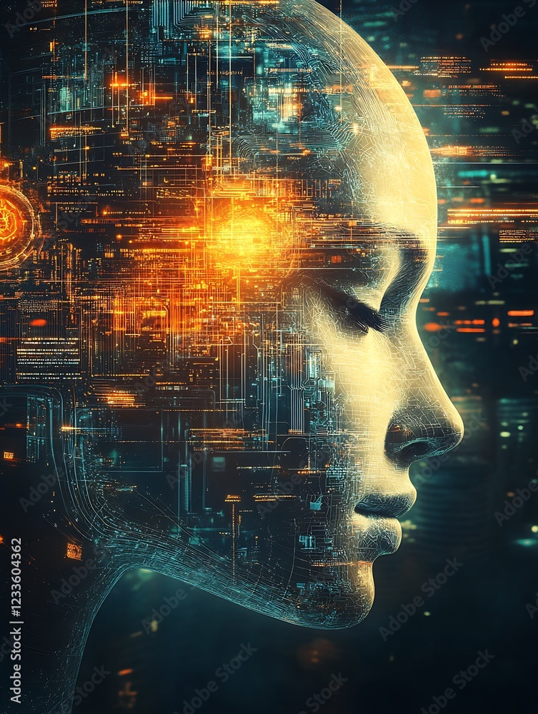 Aufkleber Digital human face with integrated technological interface and luminous circuits : Generative AI
