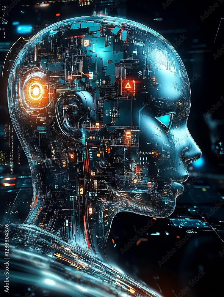 Fototapete futuristic ai cybernetic face with complex digital interface : generative ai