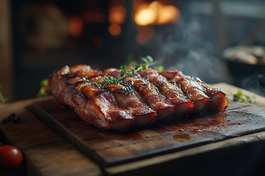 Delicious artisanal whole smoked slab bacon on a cutting block