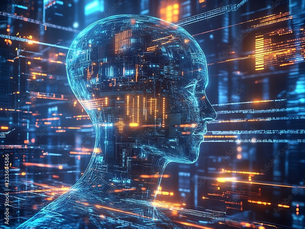 Poster futuristic cyberspace with ai head displayed in blue digital grid and orange accents : generative ai