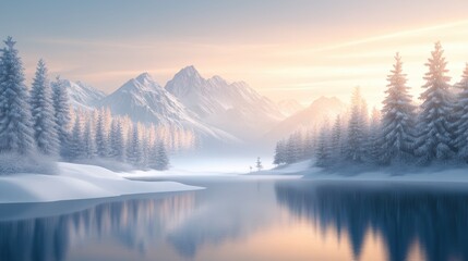 Fototapeta premium Beautiful majestic landscape with snow covered forest and lake