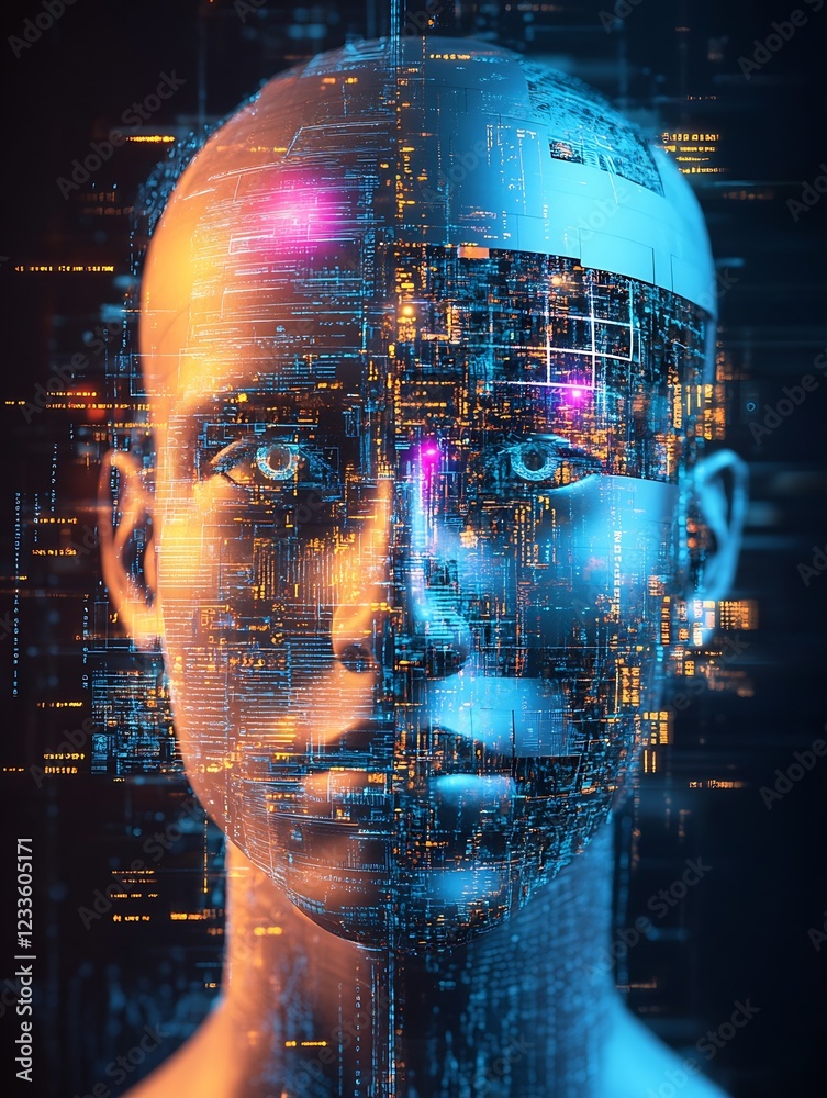 Poster Digital Metropolis Human Face with High Tech Elements and Neon Glow : Generative AI