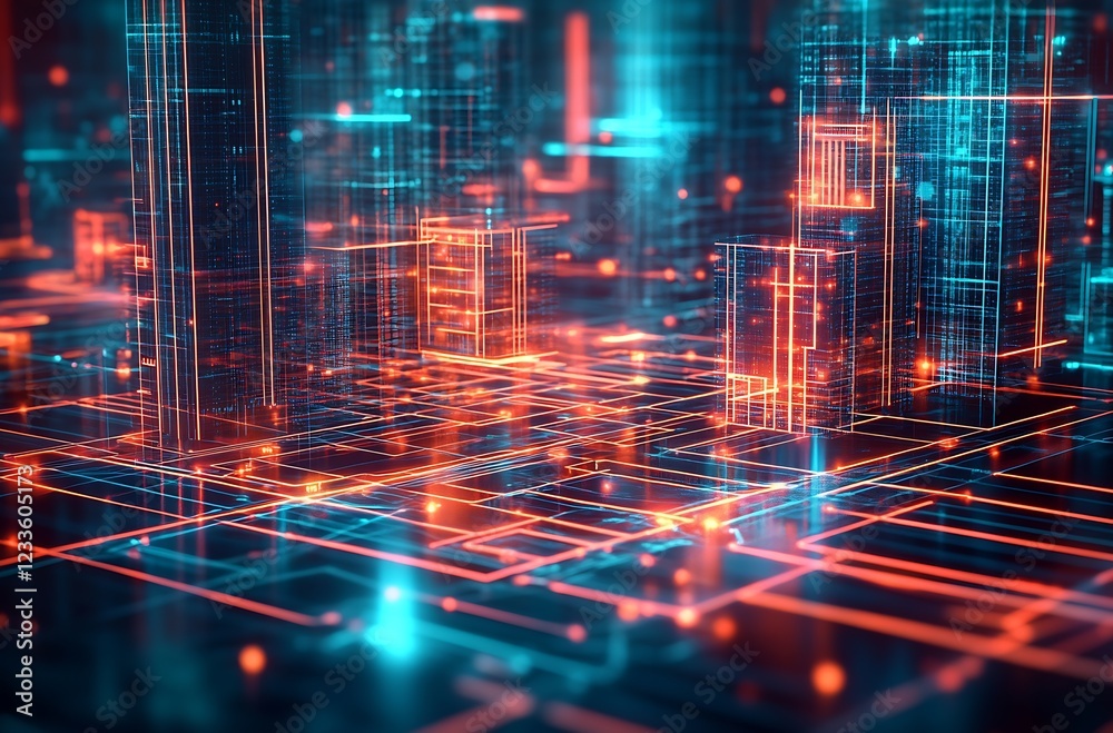 Poster Advanced Digital Urban Cityscape with Neon Lights and Futuristic Network Grid : Generative AI