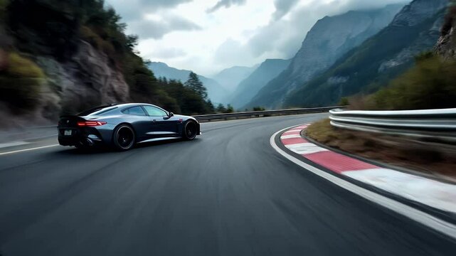 Black sports car drifting on a mountain road with blurred motion.
