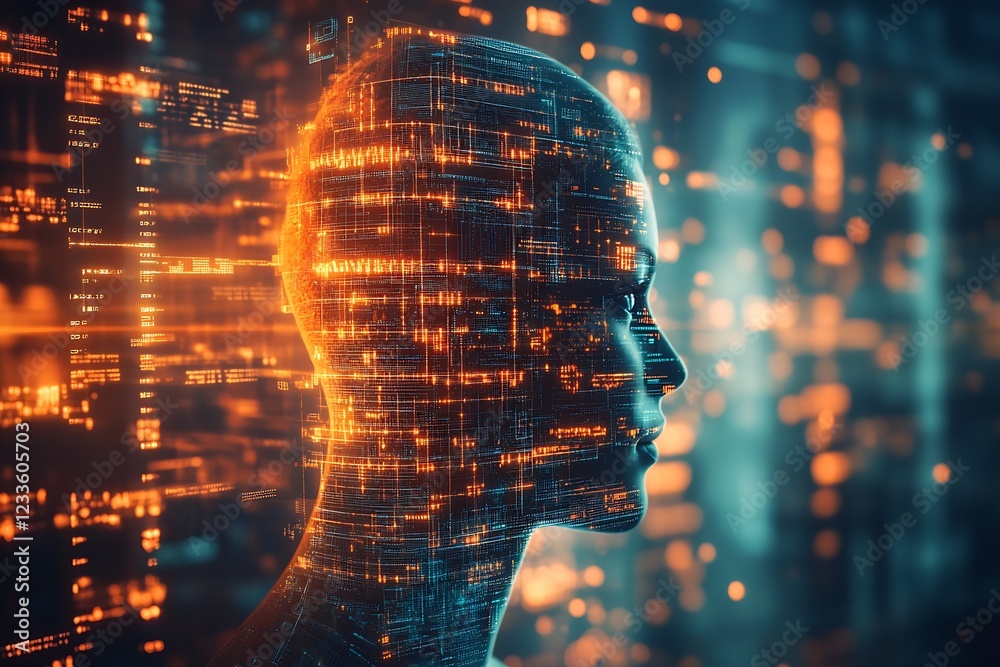 Poster Silhouette of Cybernetic Woman with Neon Data Network and Tech Interface : Generative AI