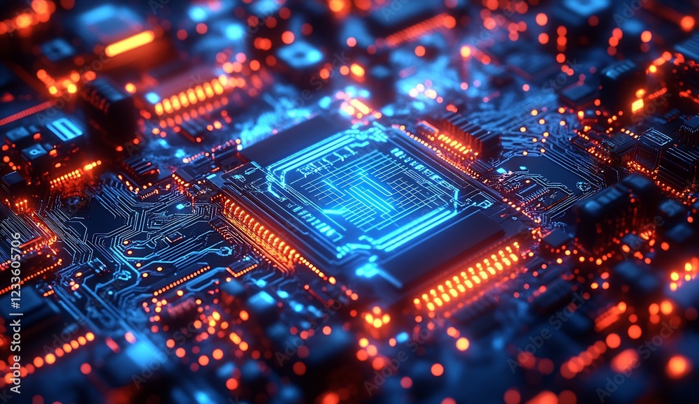 Poster Advanced Digital Circuit Board with AI Integration in Neon Lights : Generative AI