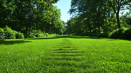 Sunlit park path, green grass, lush trees, summer day, nature scene
