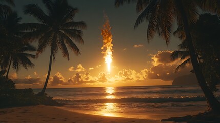A rocket launches into the sunset over a tropical beach, framed by palm trees.