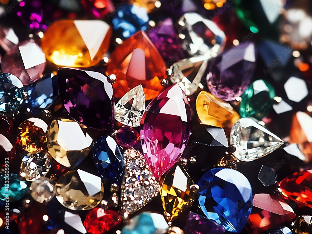 Poster Dazzling Array of Multicolored Gemstones with Exquisite Cuts and Brilliant Light Reflection : Generative AI