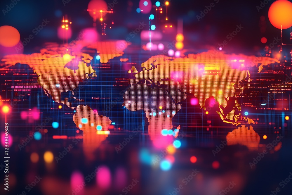 Poster contemporary digital globe with vibrant neon lights showcasing technological networks : generative a