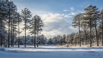 A serene winter landscape with snow-covered trees and a cloudy sky.