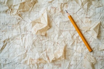 Crumpled Graph Paper with Pencil Marks and Faint Calculations