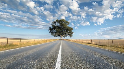 Asphalt country road with white lines with a single tree