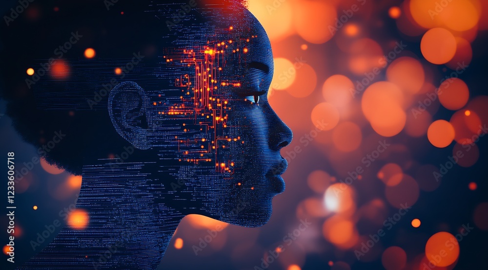Poster Digital Female Face with Technological Circuitry and Illuminated Bokeh Elements in a Side View : Generative AI
