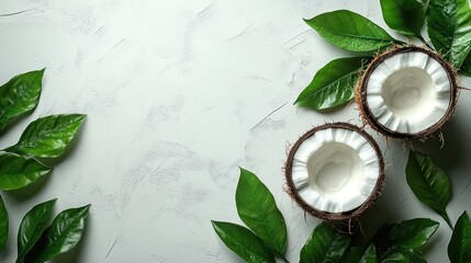 Tropical Delight: Two Halved Coconuts Nestled Among Lush Green Leaves on a Textured White Background