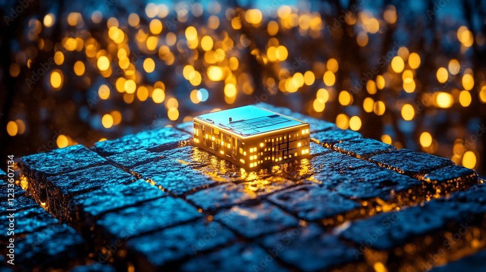 Leinwandbilder miniature circuitry model illuminated with luminous lights on stone surface at night : generative ai