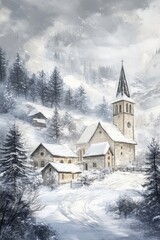 Church in village and winter forest covered by heavy snow.