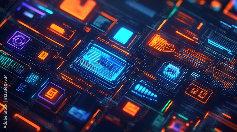 Aufkleber Neon Technological Interface with Complex Circuit Board Designs and Patterns : Generative AI