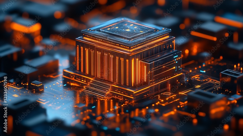 Poster Digital World Visual of an Illuminated Microchip City with Futuristic Vibrance : Generative AI