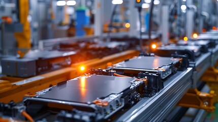 Automatic production assembly line of electric vehicle battery cells. Industrial background