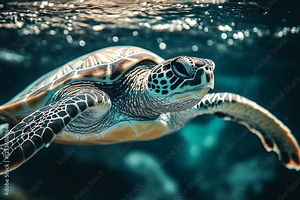 Poster Enchanting Close Up of a Sea Turtle Navigating Through Vibrant Tropical Underwater Landscape : Generative AI