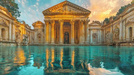 Naklejka premium Golden temple reflecting in tranquil pool at sunset, Italian landscape, travel postcard