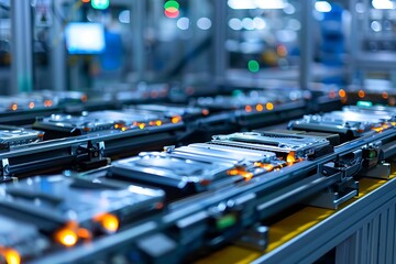 Automatic production assembly line of electric vehicle battery cells. Industrial background