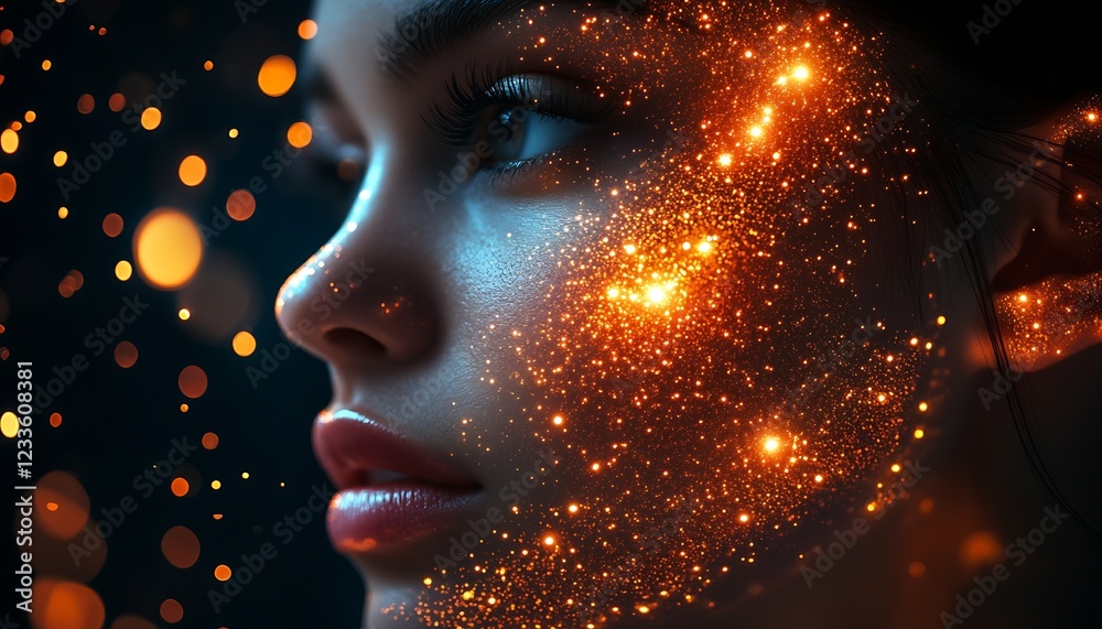 Poster mystical digital portrait of woman enveloped in glowing golden bokeh sparks : generative ai