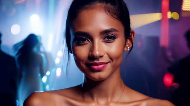 Young beautiful woman dancing sensually in a night club. Close-up portrait. A vibrant shot of the dancer, embodying the energy of the nightclub.