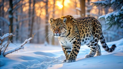 Fototapeta premium Majestic Amur leopard prowling through the deep snow-covered forest at dawn, fur, animal, fur, animal, hunting
