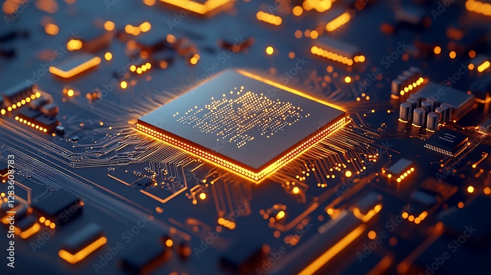Fototapete Futuristic Circuit Board with Glowing Microchip Technology Background : Generative AI