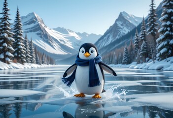 Adorable penguin walking on frozen lake, snowy mountains background