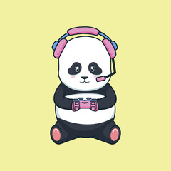 Cute panda play controller game vector character illustration 