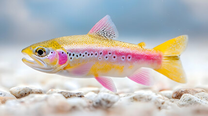 Fototapeta premium Colorful trout swimming in aquarium, pebbles background, nature, pet