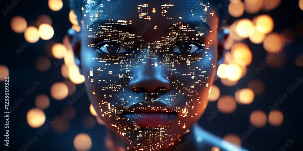 Poster enchanting digital portrait of woman merging with luminous cityscape for a futuristic essence : gene