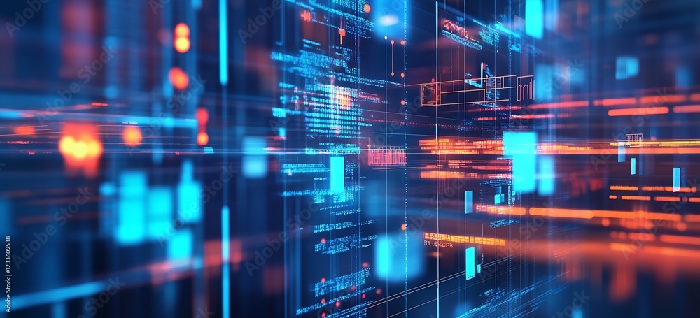 Poster Dynamic Cyber Interface Design with Neon Light and Data Flow Elements Depicted : Generative AI