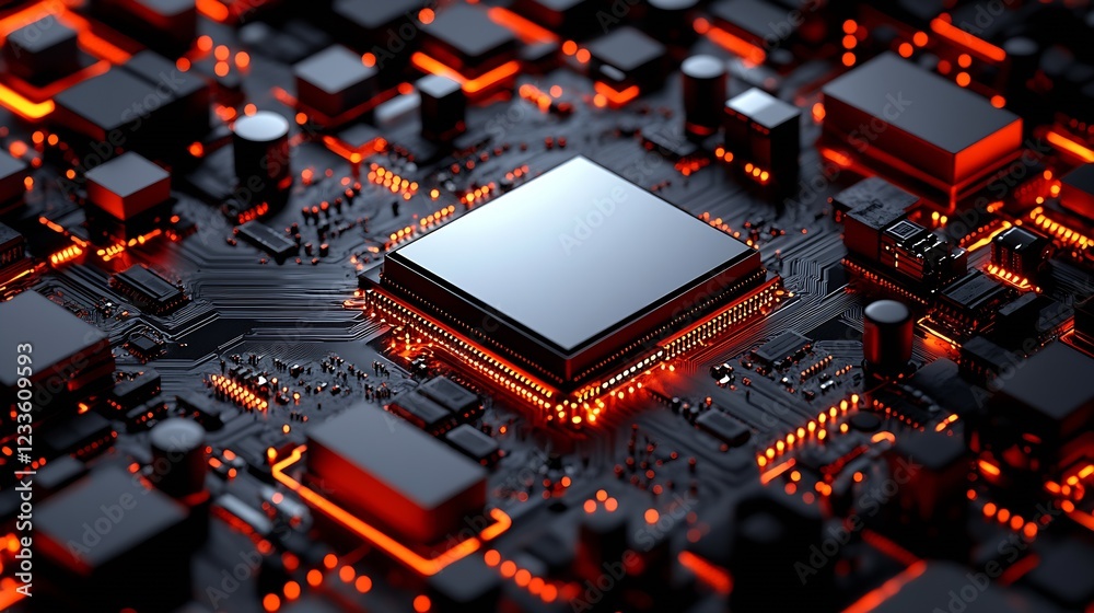 Fototapete high-tech circuit board with glowing red light and central microchip : generative ai