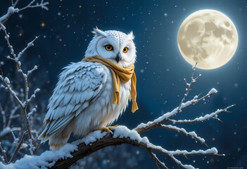 White owl with scarf on snowy branch, full moon