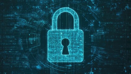 Cybersecurity Lock: A glowing blue digital padlock, intricately detailed and composed of binary code, sits at the center of a swirling vortex of data, symbolizing robust online protection.
