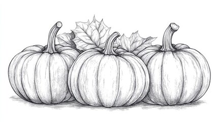 Pumpkin Illustration: Pumpkins monochrome hand-drawn illustration isolated on transparent background,