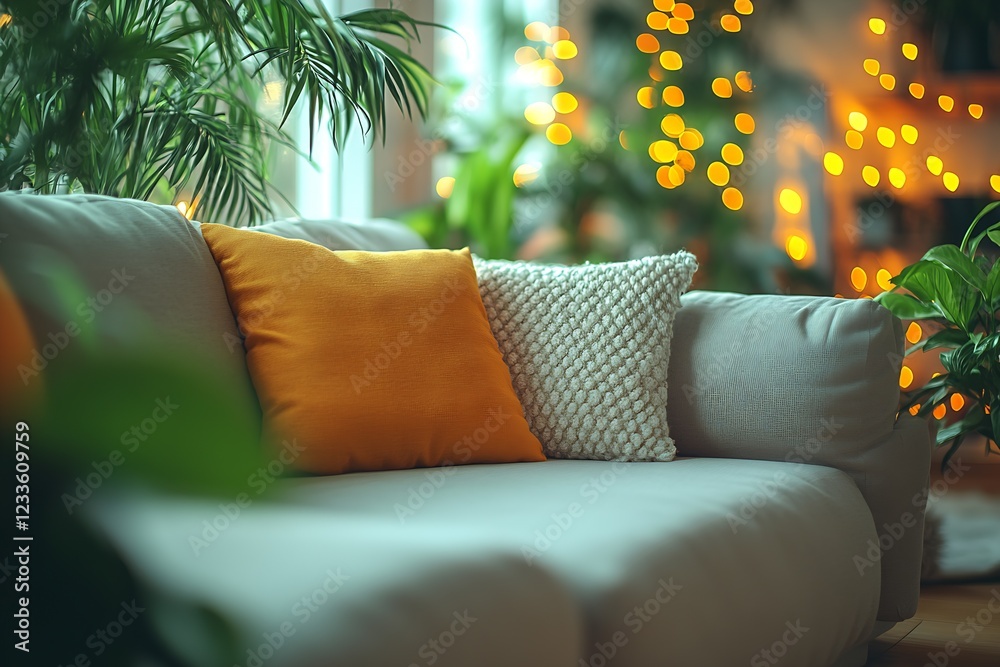 Poster modern sofa with orange and white cushions set against a backdrop of lush green plants and soft ambi