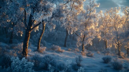 Frosty winter landscape with illuminated trees and soft snow.
