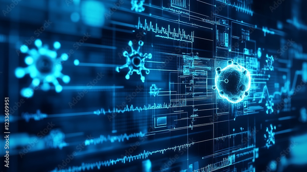 Poster futuristic global pandemic concept with viruses on digital screen background : generative ai