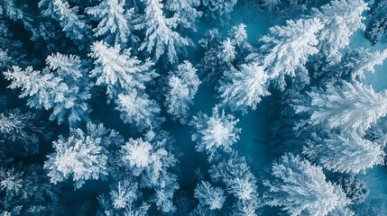 Aerial view of snow-covered evergreen trees in a winter landscape.