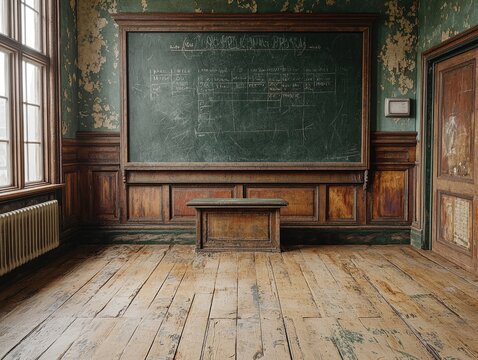 An old classroom with a chalkboard and wooden furniture, evoking a vintage educational atmosphere.